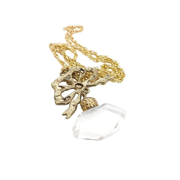 Vintage Gold Tone Bow Pendant Necklace with Clear Drop on Chain - Picture 4 of 4